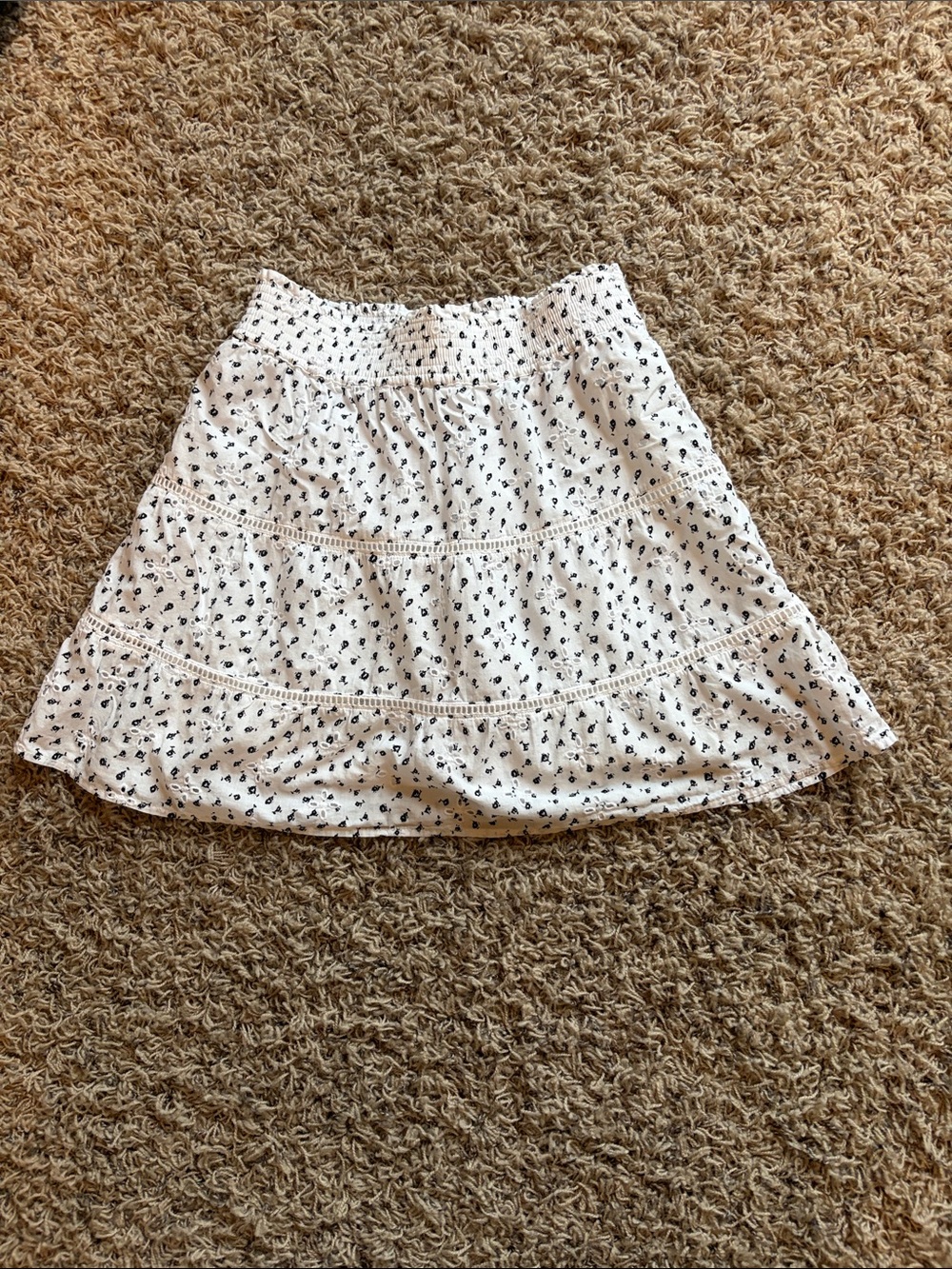 LOFT White Circle Skirt with Black Floral Dots